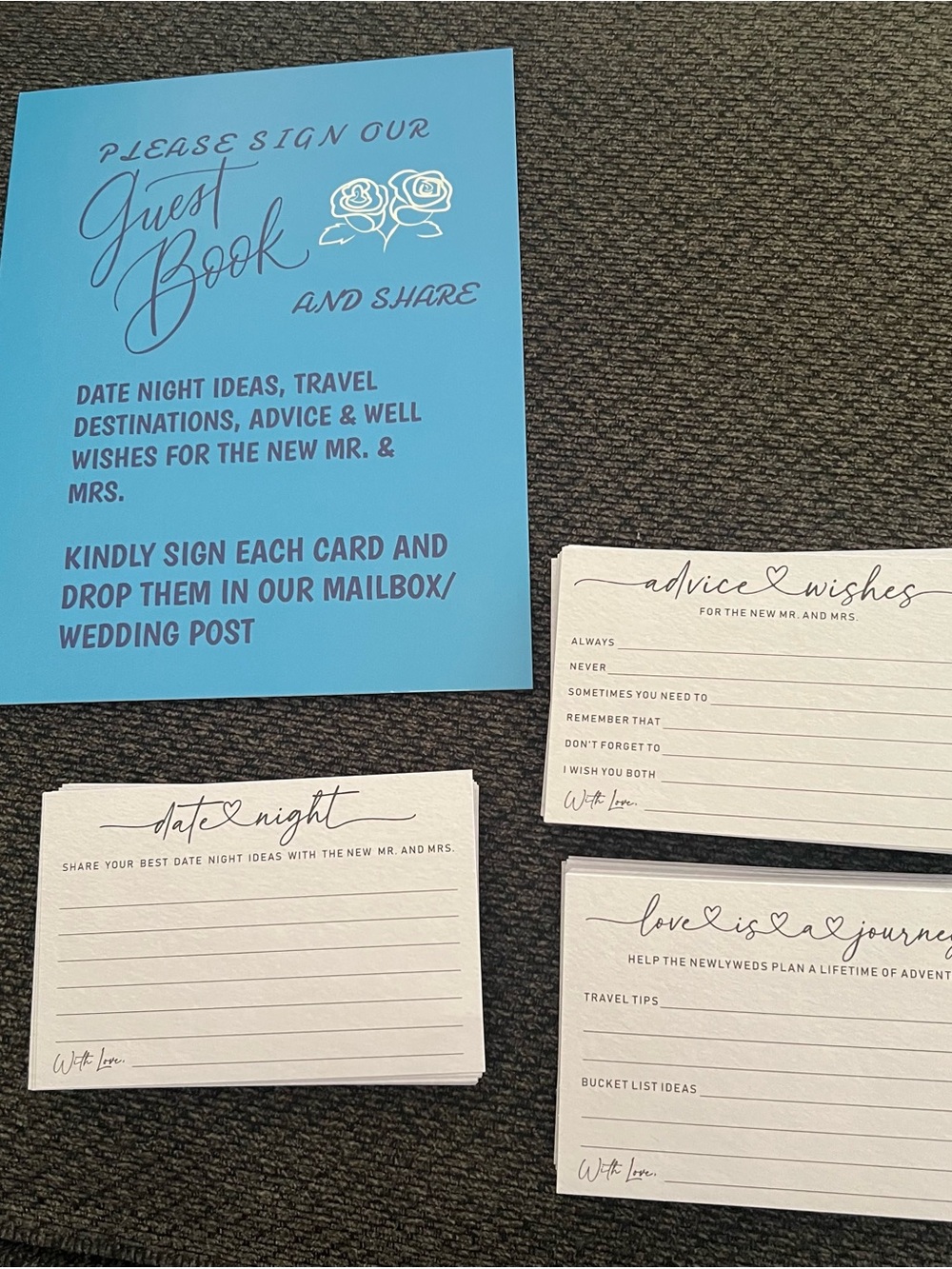 Blue Wedding Mailbox Guest Book Tabletop Sign with White Advice Cards Set